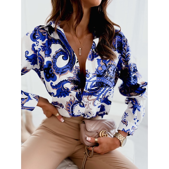  Damen Hemd Bluse Blau Tasche Bedruckt Graphic Paisley-Muster Arbeit Casual Langarm Hemdkragen Boho Elegant S