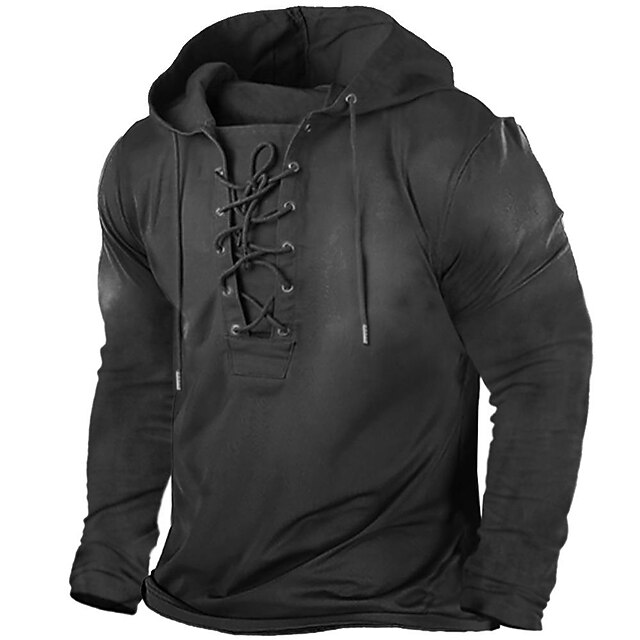  Men's Hoodie Solid Color Sports & Outdoor Casual Lace up Active Vintage Hoodies Sweatshirts  ArmyGreen Black
