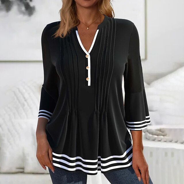  Women's T shirt Tee Tunic Striped Black Button Flowing tunic 3/4 Length Sleeve Casual Weekend Basic V Neck Regular Fit