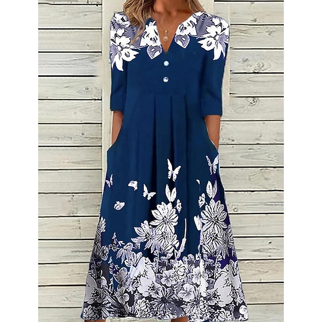  Women's Casual Dress Midi Dress Navy Blue Floral 3/4 Length Sleeve Winter Fall Autumn Ruched Casual V Neck Weekend 2023 S M L XL 2XL 3XL