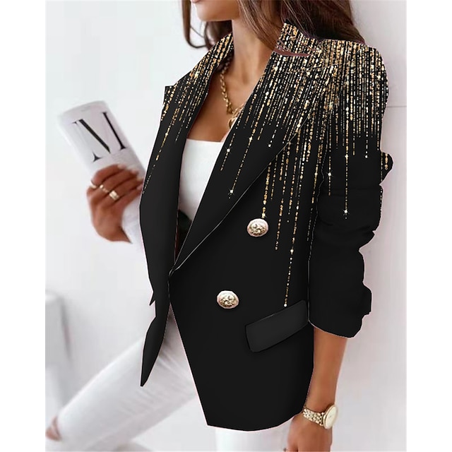  Women's Blazer Formal Office Work Breathable Double Breasted with Pockets Print Elegant Formal Modern Office / career Turndown Regular Fit Gradient Color Outerwear Winter Fall Long Sleeve Gold S M L