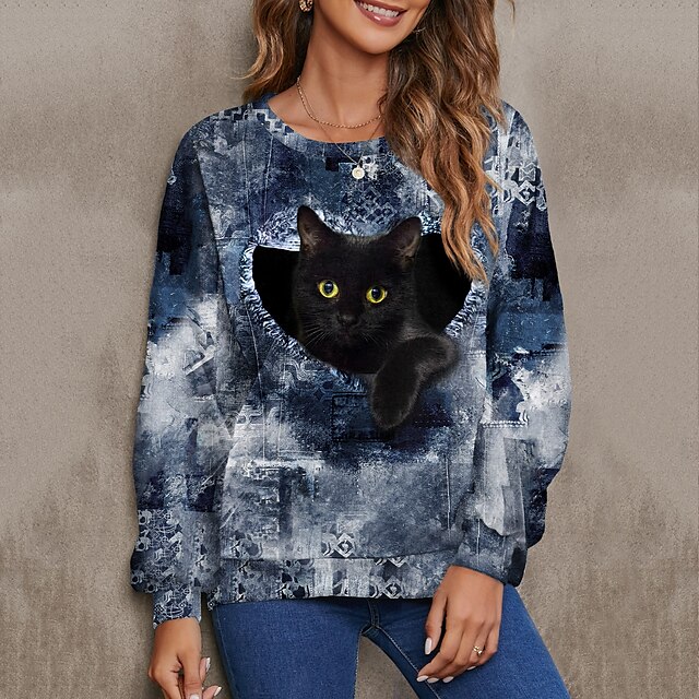  Damen Sweatshirt Pullover Zur Seite fahren Bedruckt Aktiv Strassenmode Blau Purpur Braun Katze 3D Täglich Langarm Rundhalsausschnitt