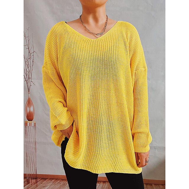  Women's Pullover Sweater jumper Jumper Chunky Knit Knitted Tunic V Neck Solid Color Home Daily Stylish Casual Winter Fall Purple Yellow S M L / Long Sleeve / Loose Fit