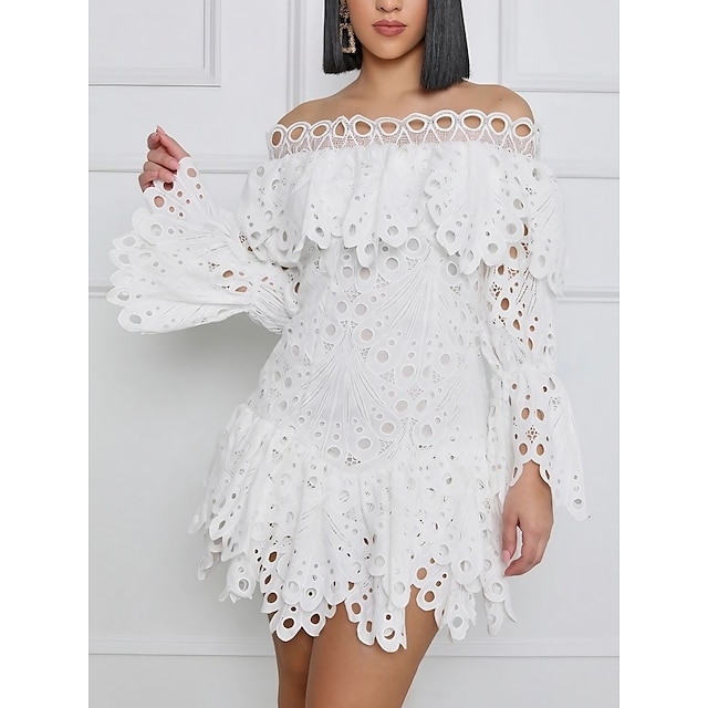  Women's Wedding Guest Dress Party Dress Lace Dress Shift Dress White Dress Mini Dress White Long Sleeve Pure Color Lace Winter Fall Off Shoulder Fashion Winter Dress Fall Dress