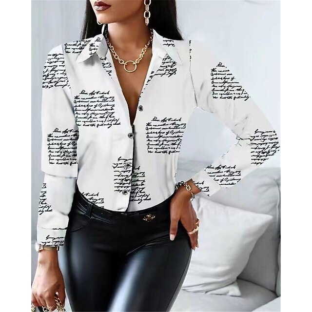  Women's Shirt Blouse Black White Print Letter Work Casual Long Sleeve Shirt Collar Elegant S