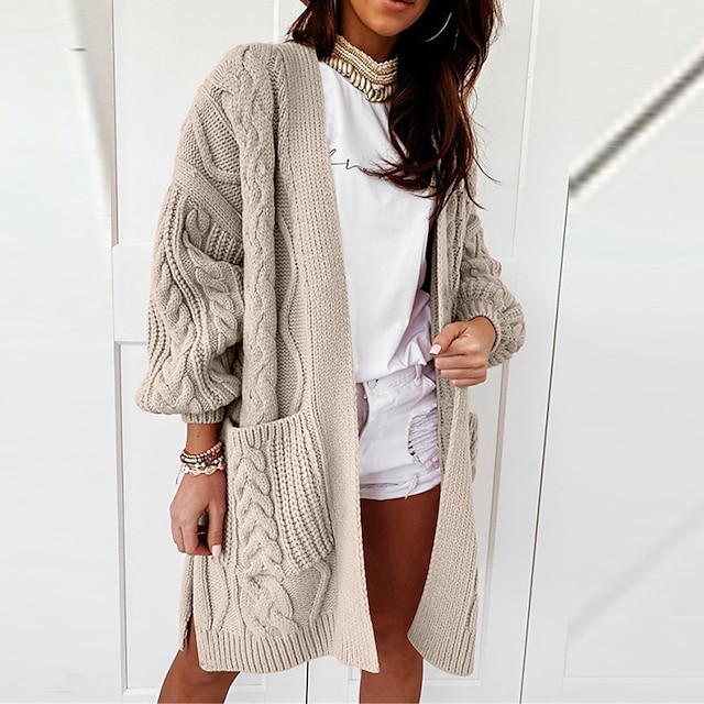  Women's Cardigan Sweater V Neck Ribbed Cable Knit Polyester Pocket Knitted Fall Winter Long Outdoor Daily Holiday Stylish Casual Soft Long Sleeve Pure Color Pink Khaki Dark Gray S M L