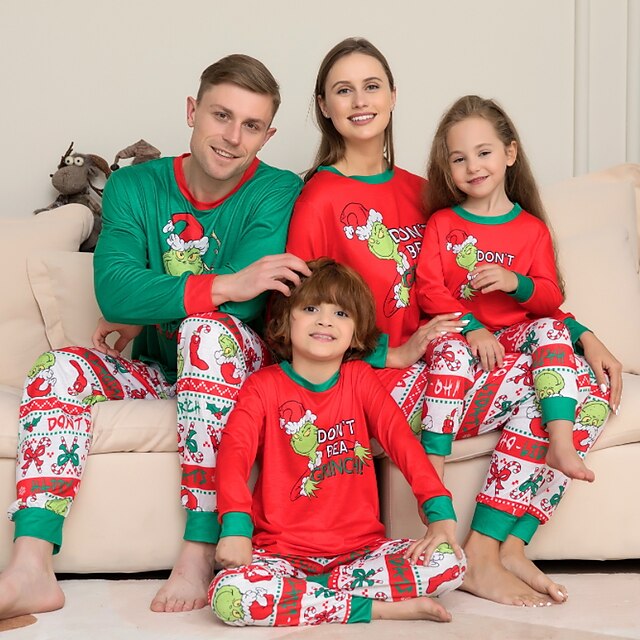  Olhar de família Natal Algodão Pijamas Casa Elfo Padrão de natal Vermelho Manga Longa Diário Roupas Combinando / Outono / Inverno