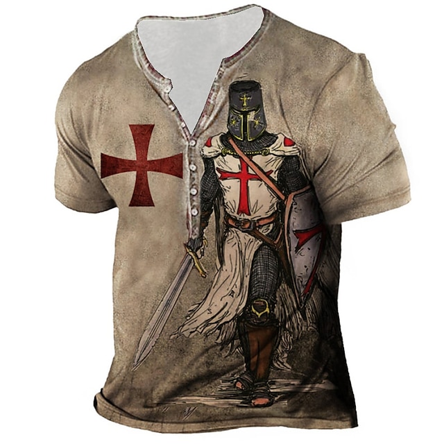  Men's Graphic Templar Cross Henley T Shirt