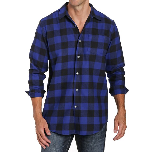  Men's Shirt Collar Plaid / Check Cell Wine Red White Black Blue Orange Long Sleeve Christmas Street Tops Cotton Fashion Casual Breathable Comfortable / Machine wash / Wash separately / Washable