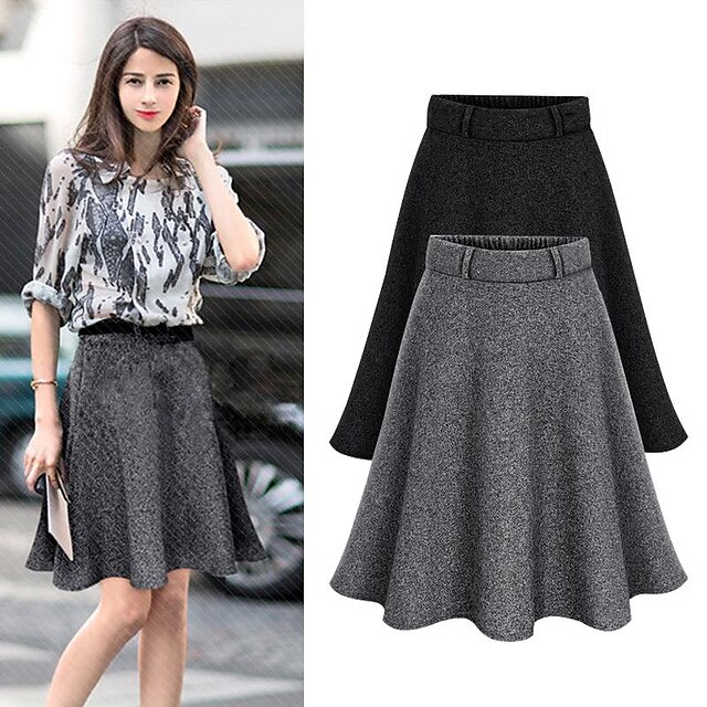  Women's Skirt Swing Work Skirts Woolen Drak grey Black Skirts Autumn / Fall Fashion Casual Daily Weekend M L XL