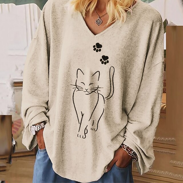  Damen T Shirt Grau Bedruckt Katze Täglich Ausgehen Langarm V Ausschnitt Chinoiserie Standard Übergröße L