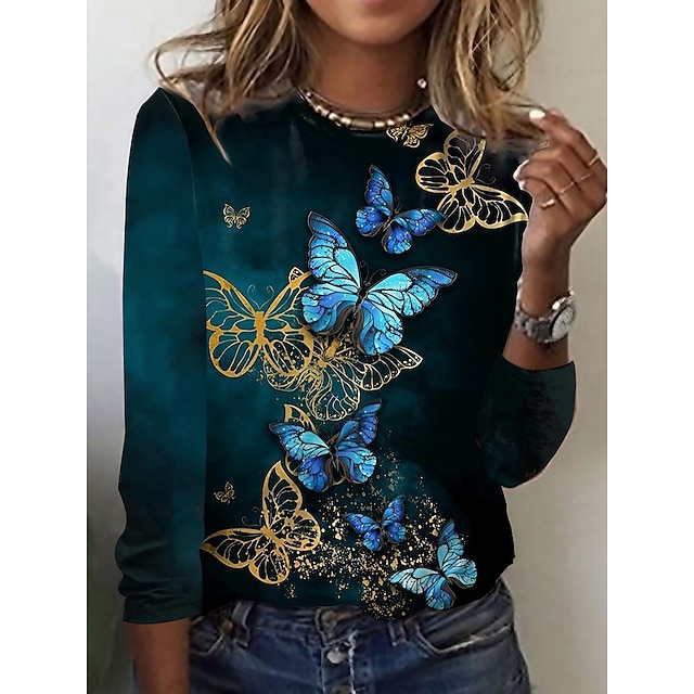  Damen T Shirt Schmetterling Bedruckt Täglich Wochenende Vintage Basic Langarm Rundhalsausschnitt Rosa Herbst Winter