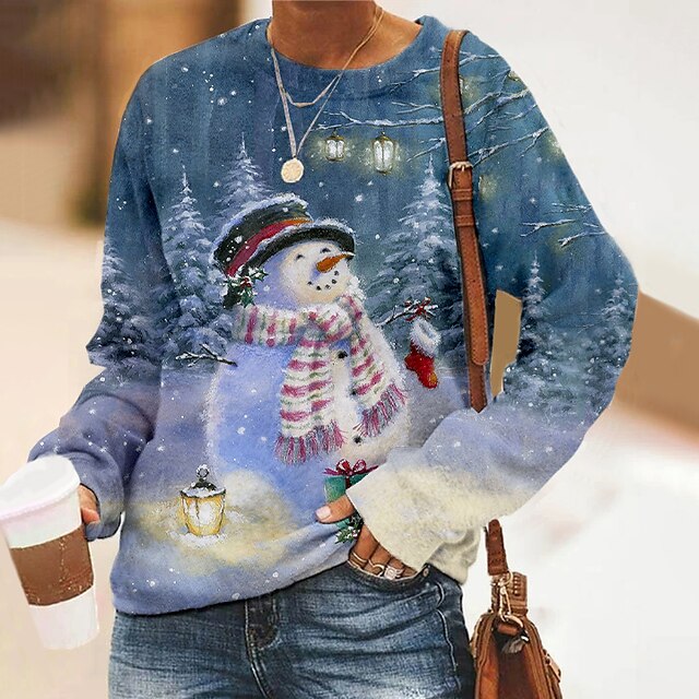  Dame Genser Julesweatshirt Gatemote Jul Navyblå Grafisk Jul Avslappet Rund hals Langermet Top Mikroelastisk
