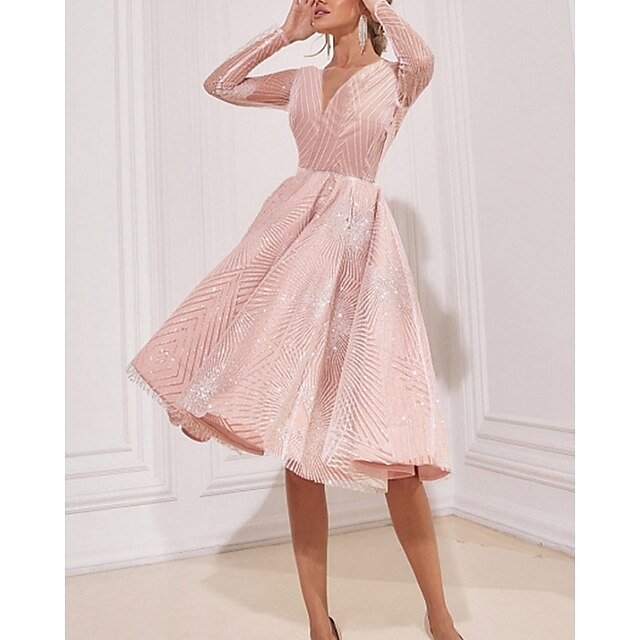  Women's Party Dress Cocktail Dress Swing Dress Midi Dress Pink Pure Color Long Sleeve Winter Fall Spring Sequins Fashion V Neck Party Winter Dress Wedding Guest 2023 S M L XL 2XL 3XL