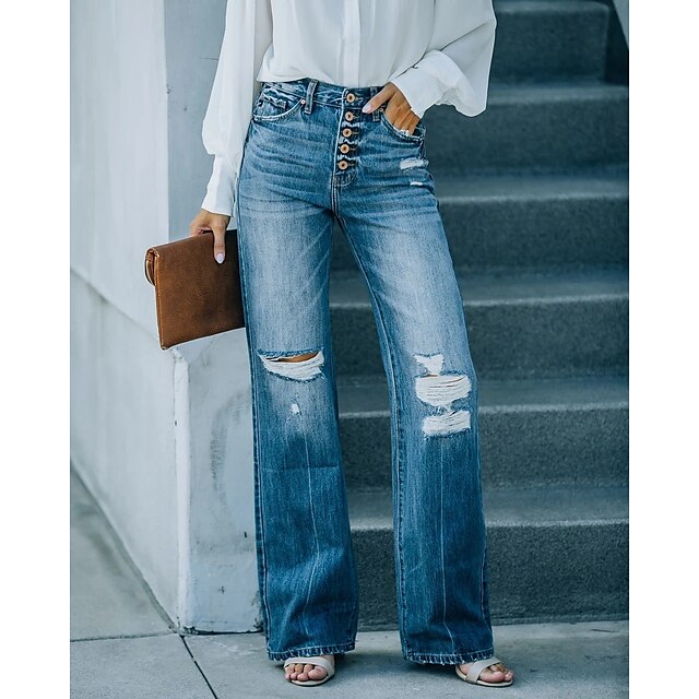  Mulheres Jeans Jeans angustiado Denim Azul Moda Bolsos laterais Perna larga Rua Casual Comprimento total Micro-Elástica Tecido Conforto S M L XL