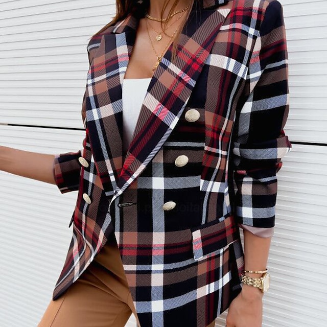  Women's Blazer Outdoor Office / Career Wear to work Holiday Warm Breathable Double Breasted Button Pocket Contemporary Comfortable Street Style Turndown Regular Fit Plaid Outerwear Winter Fall Long