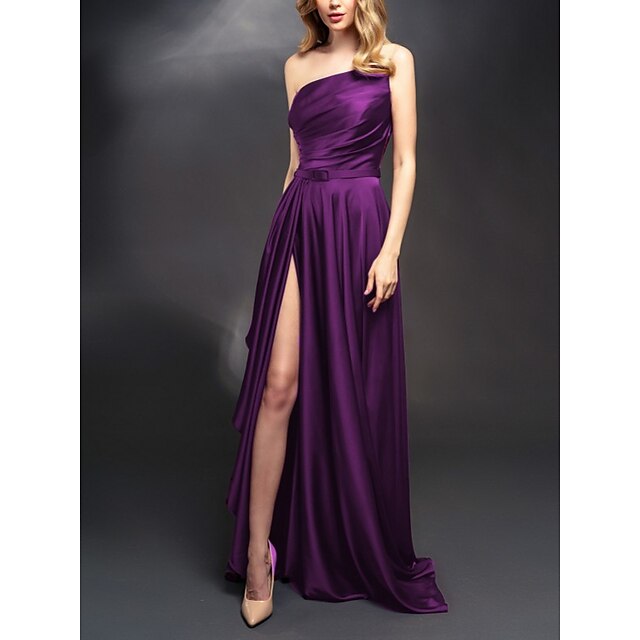  Women's Party Dress Satin Dress Shift Dress Long Dress Maxi Dress Lake blue Red Purple Pure Color Sleeveless Winter Fall Autumn Ruched Party One Shoulder Party Evening Party Spring Dress 2023 S M L XL
