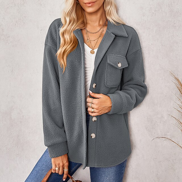  Women's Teddy Coat Casual Casual Daily Comfortable Single Breasted Pocket Comfortable Lapel Loose Fit Solid Color Outerwear Winter Fall Long Sleeve Dark Green Khaki Dark Gray S M L XL