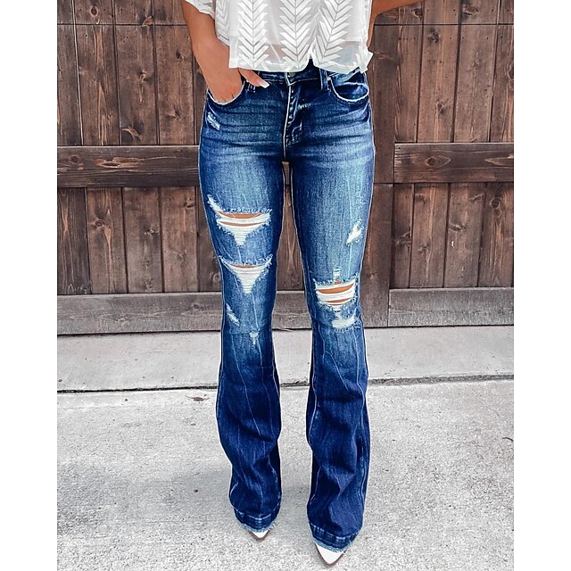  jeans feminino cintura baixa bootcut desgastado comprimento total jeans bolsos laterais folgado micro-elástico cintura alta moda casual trabalho rua azul s m outono& inverno