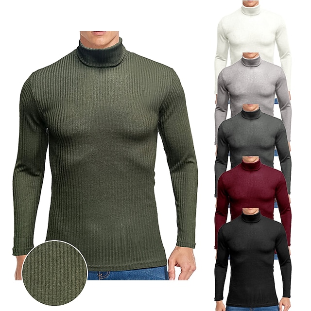  Men's Pullover Solid Color Knitted Stylish Vintage Style Soft Long Sleeve Regular Fit Sweater Cardigans Fall Winter Turtleneck Wine Army Green Gray