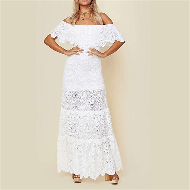  Women's Lace Dress White Dress Long Dress Maxi Dress White Pure Color Sleeveless Summer Spring Fall Lace Vacation Off Shoulder Slim Wedding Guest Vacation Spring Dress 2023 S M L XL