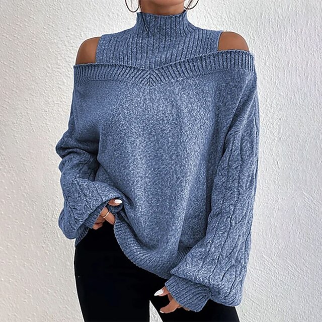  Women's Pullover Sweater Jumper Jumper Ribbed Knit Open Back Knitted Pure Color Turtleneck Stylish Casual Outdoor Daily Fall Winter Black Blue S M L