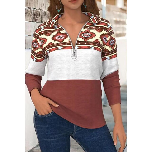  Women's Sweatshirt Zipper Vintage Ethnic Coffee Graphic Geometric Tribal Home Long Sleeve V Neck