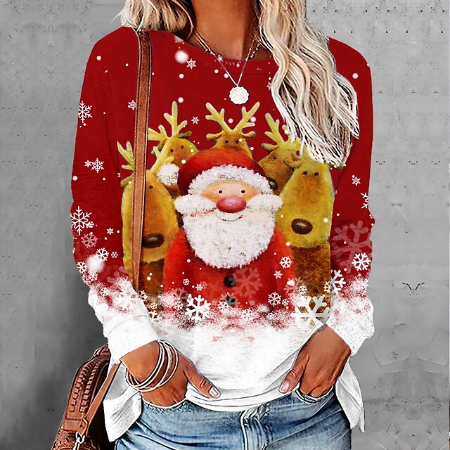  Per donna maglietta Camicia di Natale Babbo Natale Renna Rosso Stampa Manica lunga Natale Fine settimana Essenziale Natale Rotonda Standard Autunno inverno