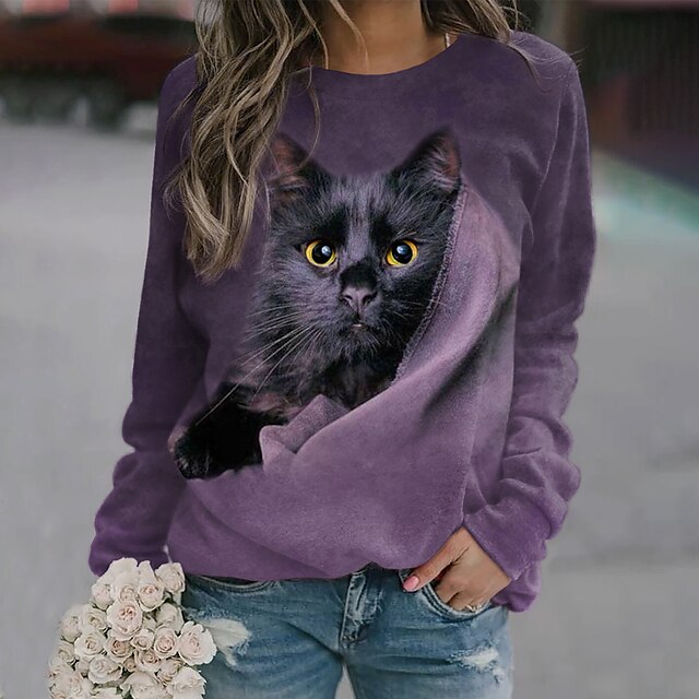  Femme Sweat shirt Sweat Vêtement de rue Violet Chat Plein Air Casual Col Rond manche longue haut Micro-élastique Automne hiver