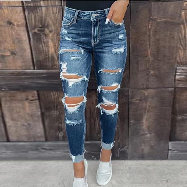 Damen Jeans Jeans im Used-Look In voller Länge Denim Seitentaschen Ausgeschnitten Mikro-elastisch Modisch Strasse Casual Blau S M