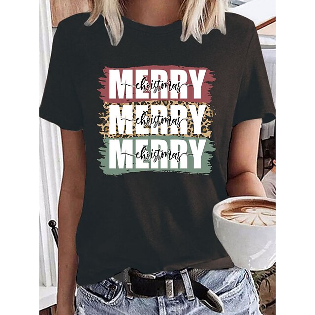  Women's Basic Cotton Christmas T-shirt with Wine Letter Print