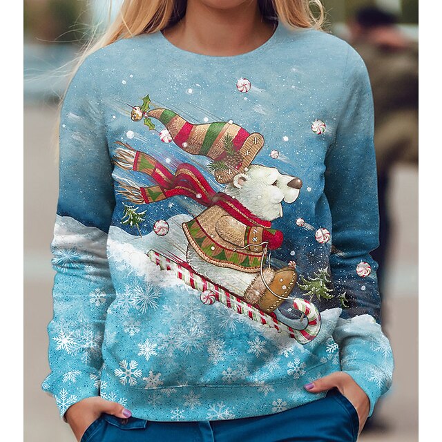  Dame Sweatshirt bluse Julesweatshirt Gade Jul Blå Grafisk Jul Afslappet Rund hals Langærmet Top Mikroelastisk