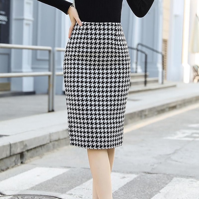  Women's Skirt Work Skirts Tweed Woolen Knee-length Black Skirts Print Office / Career Daily Fashion M L XL