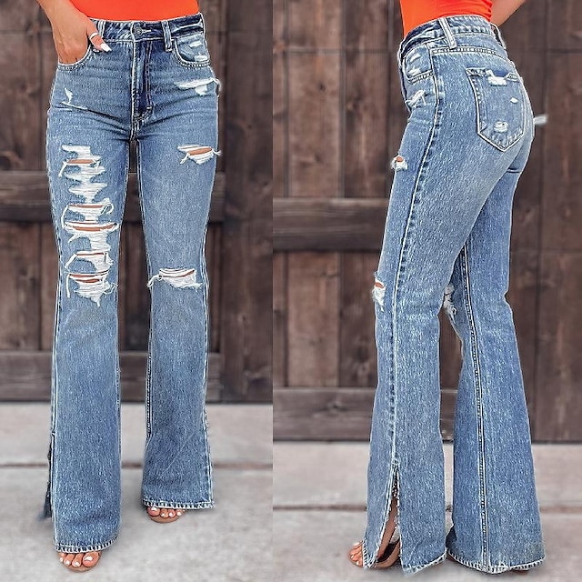  Dame Jeans Distressed Jeans Denimstof Blå Mode Sidelommer Delt Gade Afslappet Fuld længde Mikroelastisk Vanlig Komfort S M L XL 2XL