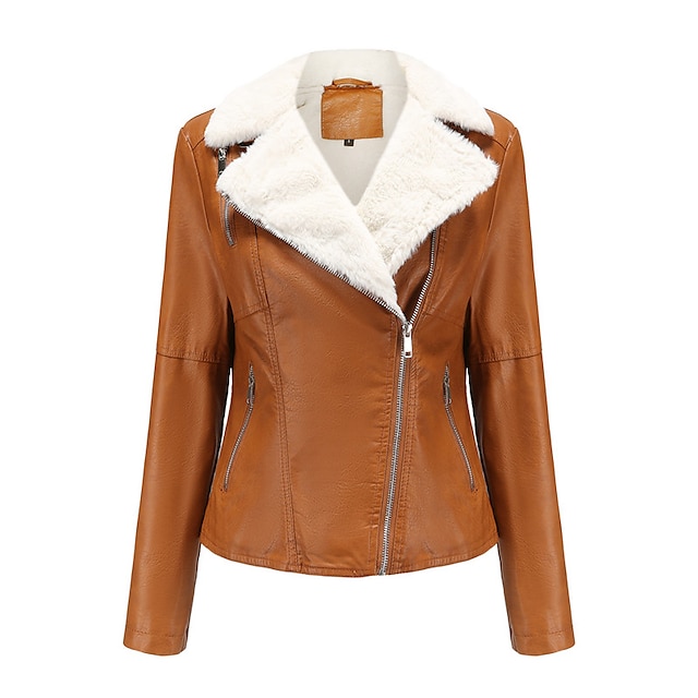 Women's Winter Jacket Faux Leather Jacket Warm Breathable Outdoor Daily Wear Vacation Going out Pocket Zipper Turndown Chic & Modern Lady Modern Comfortable Solid Color Regular Fit Outerwear Long