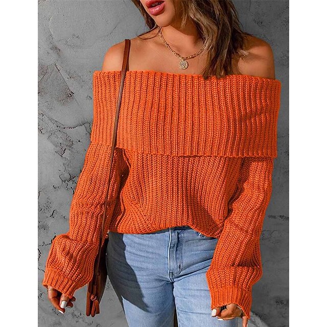  Women's Pullover Sweater Jumper Ribbed Knit Knitted Off Shoulder Pure Color Outdoor Daily Stylish Casual Winter Fall Orange Light Blue S M L