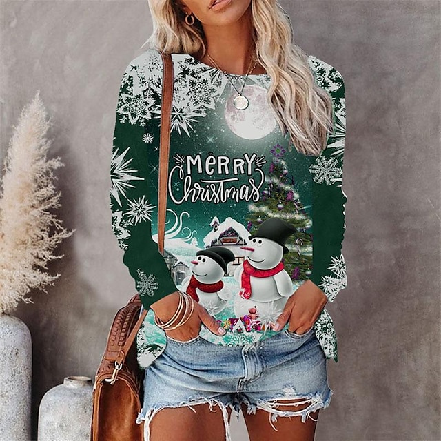  Mujer Camiseta Camisa de Navidad Muñeco de Nieve Reno Ayudante de Santa Negro Blanco Vino Estampado Manga Larga Navidad Fin de semana Básico Navidad Escote Redondo Ajuste regular Otoño invierno