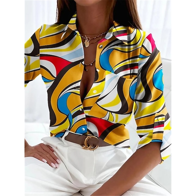  Elegant Yellow Abstract Print Women's Shirt Blouse