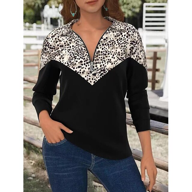  Damen Sweatshirt Pullover Zip Vintage Ethnisch Schwarz Leopard Geometrisch Stammes Heim Langarm V Ausschnitt