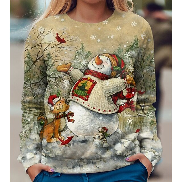  Dame Genser Julesweatshirt Gatemote Jul Gul Grafisk Jul Avslappet Rund hals Langermet Top Mikroelastisk