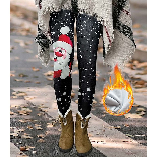  kvinders fleecebukser juletights leggings termisk undertøj fleeceforet mørkegrå kakirød ferie afslappet jul snemand weekend vinterprint stretchy ankellang termisk varm julemand