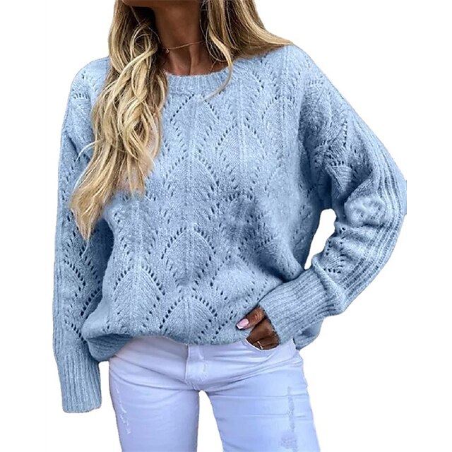  Women's Pullover Sweater Jumper Crew Neck Ribbed Knit Acrylic Knitted Fall Winter Outdoor Daily Going out Stylish Casual Soft Long Sleeve Pure Color White Pink Blue S M L