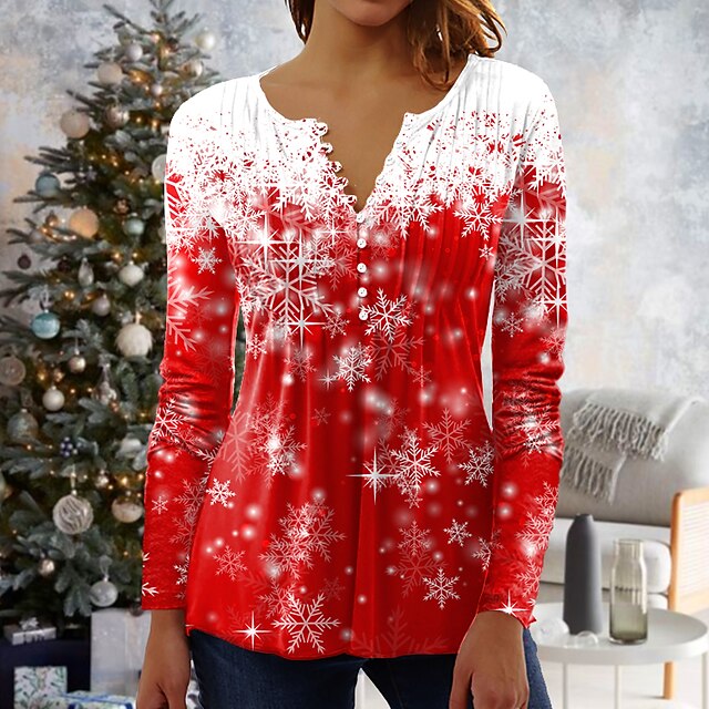  Femme Chemise Chemise Henley Shirt Motif de flocon de neige Fin de semaine Noir Rose Claire Rouge Imprimer Bouton Manches 3/4 Vêtement de rue Tuniques Col Rond Standard