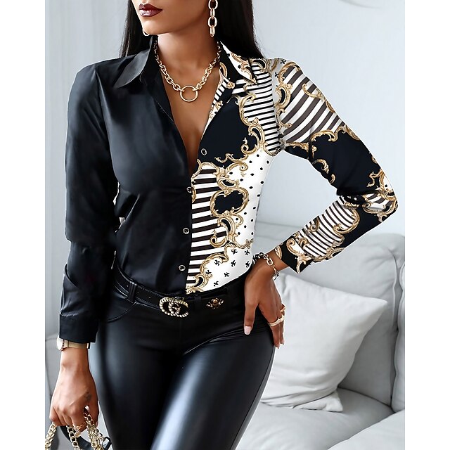  Women's Shirt Blouse Graphic Floral Chains Print Black White Yellow Print Button Long Sleeve Casual Weekend Streetwear Shirt Collar Non Positioning Printing Regular Fit Spring Fall