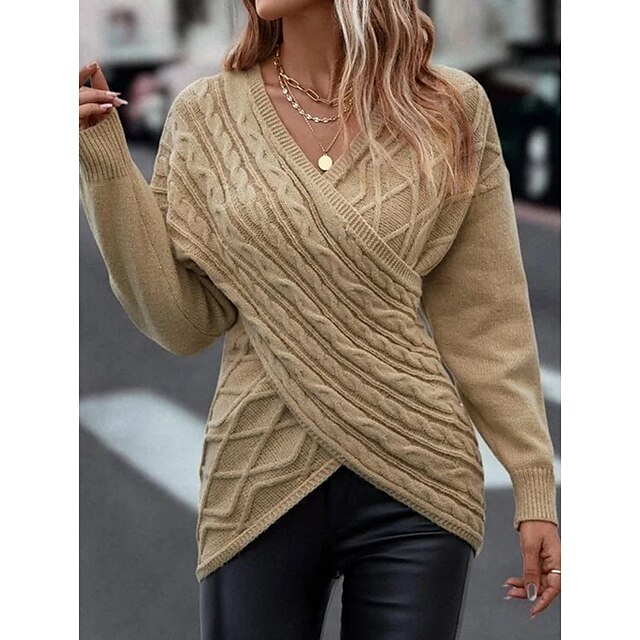  Women's Pullover Sweater Jumper V Neck Crochet Knit Knit Knitted Fall Winter Cropped Daily Holiday Stylish Casual Long Sleeve Pure Color Maillard Khaki S M L