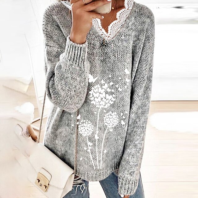  Women's Stylish V-Neck Pullover Sweater with Lace Trims