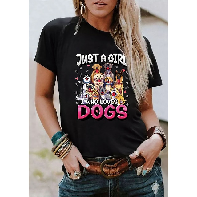  Dame T-shirt Bourgogne-T-shirt 100 % bomuld Grafisk Hund Bogstaver Sort Hvid Vin Trykt mønster Kortærmet Daglig Ferie Weekend Basale Rund hals Regulær