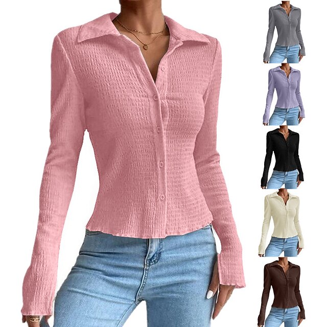  Mulheres Blusa Fenda Botão para baixo Clássico Doce Cor Sólida / Simples Colarinho de Camisa Primavera & Outono Normal Preto Rosa Roxo Marron Damasco