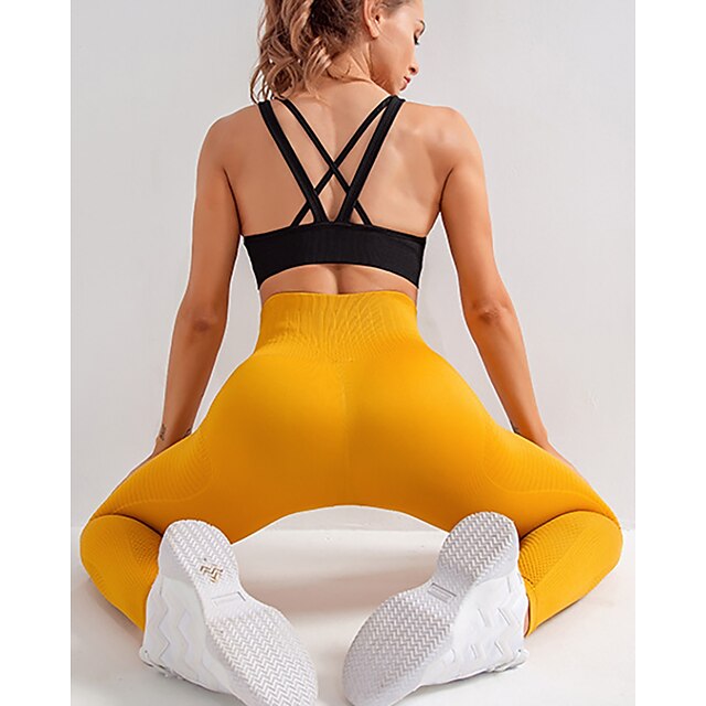  Women's Yoga Pants Tummy Control Butt Lift Seamless Jacquard Yoga Fitness Gym Workout High Waist Tights Bottoms Yellow Winter Spandex Sports Activewear Skinny High Elasticity