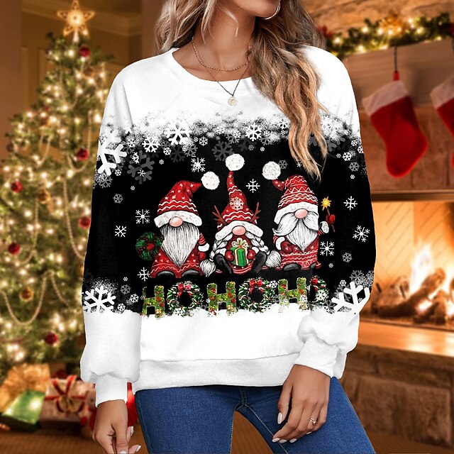  Per donna Felpa Maglione Spesa di Natale Streetwear Natale Nero Rosso Blu Fiocco di neve gnomo Natale Informale Rotonda Manica lunga giacca Media elasticità Autunno inverno